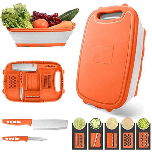 Collapsible 9-in-1 Multifunctional Slicing Board: Foldable Chopping Board with Colander, Kitchen Vegetable Washing Basket and Silicone Dish Tub - Perfect for BBQ Prep, Picnic, and Camping (Orange)