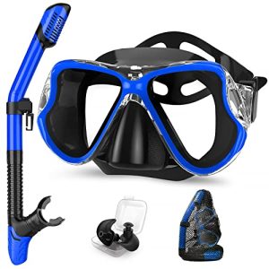 Dry Snorkel Set, 3 in 1 Snorkeling Gear Set with Anti-Fog Diving Mask, Dry Top Snorkel and Swimming Earplugs, Professional Snorkeling Set for Adults for Snorkeling Swimming Scuba Diving.