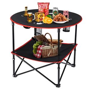 Portable Folding Camping Side Table with 4 Cup Holders and Carry Case: Perfect for Outdoor Picnics, Beach Trips, Games, Camping and Patio Use, Made with Premium 600D Canvas and Durable Metal Frame.