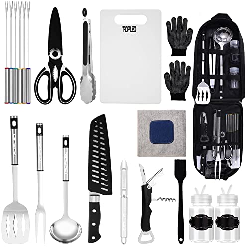 20 Piece Stainless Steel Camp Kitchen Utensil Set - Portable Cooking and Grilling Tools for Outdoor Adventures, Backpacking, BBQ, Travel, and RVs.