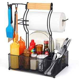 Massive Grill Utensil Caddy, Picnic Condiment Caddy, BBQ Organizer for Tenting Outside Mesh Basket with 3 Hanging Hooks and Paper Towel Holder, Perfect Desk Storage Instruments for Paper Plate Cutlery.