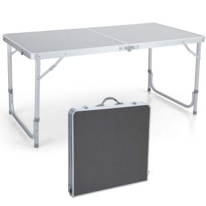 4ft Folding Tenting Desk Aluminum Adjustable Top Picnic Desk Waterproof and Rust Resistant Transportable Desk with Deal with Secure Sturdy Desk for Out of doors Camp Touring Seashore, 10.1lbs.