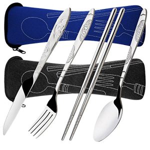 8 Items Flatware Units Knife, Fork, Spoon, Chopsticks, SENHAI 2 Pack Rustproof Stainless Metal Tableware Dinnerware with Carrying Case for Touring Tenting Picnic Working Climbing(Darkish Blue, Black).