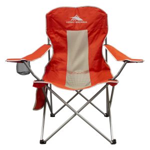 The Ultimate Portable Camping Companion: High Sierra Fast Folding Camping Chair, Super Lightweight, Mesh Cup Holder, Built-in Accessory Pocket for Phones, in Bright Red.