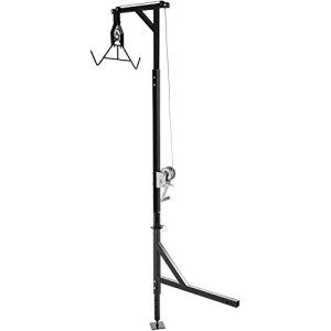 Hitch-mounted Deer Hoist with 500lb Capacity - A 2-inch truck hitch hoist equipped with a winch, lift gambrel set, foot base, and 360-degree swivel for efficient hunting and hanging.