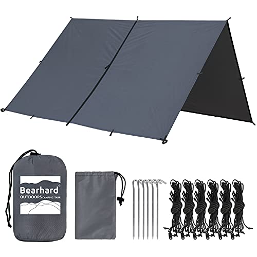Bearhard Waterproof Camping Tarp: Lightweight Hammock Rain Fly with UV Protection and PU 3000mm Waterproofing, 10x10ft Large Tent Footprint or Shelter Kit for Hiking and Outdoor Adventure.