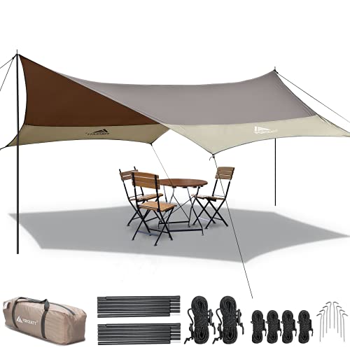 Waterproof Camping Tarp with Poles, 12x14FT, Lightweight Sun Shelter for Car, Tent, and Hammock, Ideal for Camping, Hiking, Backpacking, Garden and Traveling.