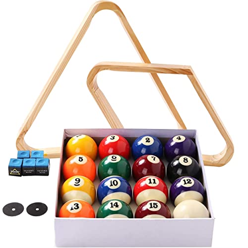 Complete Billiard Accessories Kit - Pool Balls Set, Wooden Triangle and 9-Ball Racks, Chalks, and Spot Stickers.