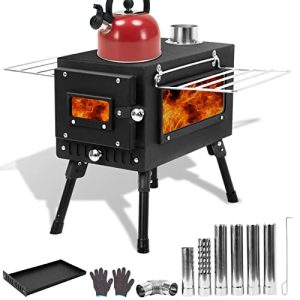 Foldable Wood Burning Tent Stove with Large View Window, Chimney Pipe, Ash Collector Box, and Spark Arrestor - Perfect for Camping, Fishing, Heating, and Cooking.