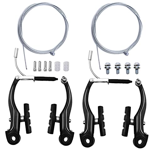 Universal V-Brake Set for Mountain and Road Bikes - 2 Pairs with Front and Rear Wheels, End Caps and Ferrules - Black