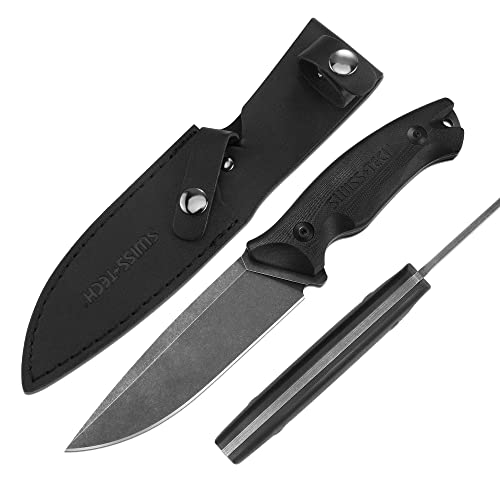 Swiss+Tech Outdoors Survival Knife - 10-1/4'' Full Tang Blade, Durable G10 Handle, with Leather Sheath for Hunting, Camping, Climbing, and Adventure.