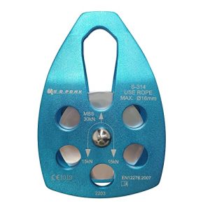 CE Certified 30kN Portable Climbing Pulley with Swing Plate for Zipline and Rock Rescue - Holds up to 6750lbs, Fits Rope up to 16mm (Blue).