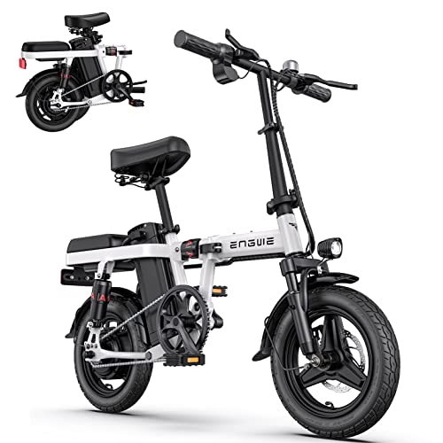 Folding Electrical Bike for Adults Teenagers 350W 19.2MPH 14" Fats Tire Mini Ebike City Metropolis Commuter Ebike 48V10AH Detachable Battery with 4 Shock Absorptions Consolation Driving T14 White.