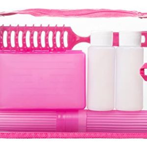 Travel Toiletry Kit with Plastic Carry Case - Portable Toothbrush Holder, Shampoo Bottle for Airplane, Camping, and More - Suitable for Women, Men and Kids - Pink.