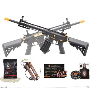 Lancer Tactical Gen 2 M4 Airsoft Carbine: Electric Full/Semi-Auto AEG Rifle with 1000 Rounds 0.20g BBS, 9.6V NIMH Battery and Charger - Black/Gold High FPS Polymer