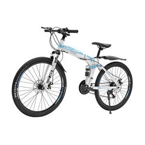 26 inch 21 Pace Mountain Bike Folding Bike for Adults, Excessive Carbon Metal Mountain Bicycle Bike Twin Disc-Brake Mountain Folding Bike for Males Ladies, Blue & White.