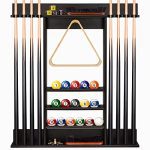 Pool Cue Rack, Purbambo Bamboo Wall Mount Pool Sticks Holder, Holds 8 Cues and Full Set of Balls, Pool Desk Equipment Organizer for Billiard Room or Membership - Brown.