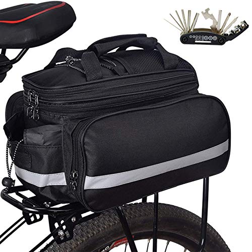 Waterproof Bicycle Rear Rack Trunk Bag with Shoulder Strap, Rain Cover, Reflective Trim, Zipper Pockets, Bottle Holder, and Bike Repair Kit - Perfect Bike Equipment