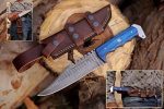 Handmade Damascus Bowie Knife - 12" Fixed Blade for Hunting, Skinning, and Outdoor Use with Horizontal Sheath and Ergonomic Blue Wood Handle.