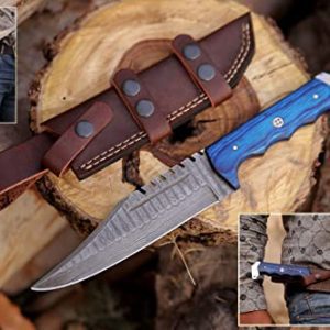 Handmade Damascus Bowie Knife - 12" Fixed Blade for Hunting, Skinning, and Outdoor Use with Horizontal Sheath and Ergonomic Blue Wood Handle.