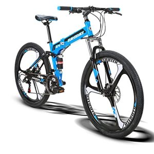 Blue 26-Inch Folding Mountain Bike with Dual Suspension and 21 Speeds - Perfect for Adults on-the-go!