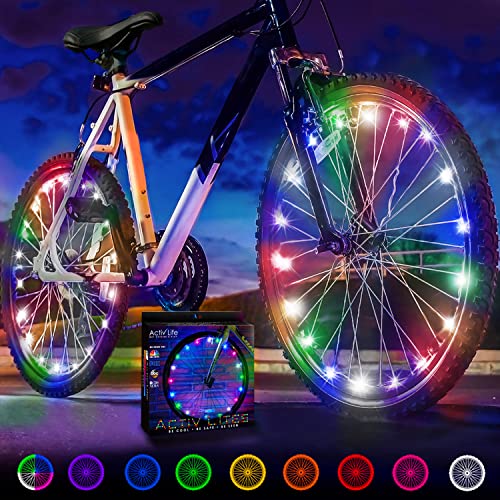 LED Bike Wheel Lights (2 Tires) Cool Bike lights - Children Stocking Stuffer for Children Toys Items Boys 8-12 Age 11 10 12 months Outdated Boy Christmas Presents Women BMX Equipment Ladies Bicycle Spoke Teen Bday.