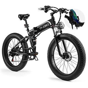 Folding Electrical Bikes Adults 750W Cellphone Holder with USB Charging Motor 48V 15AH Detachable Battery 26 Inch 4.0 Fats Tire 31MPH Snow Mountain Seaside Ebike with 7-Velocity Gear (Black).