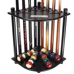 Premium Billiards Pool Cue Rack - Wooden Corner-Floor Stand with Score Counters, Holds 8 Cues and Full Set of Balls (Black).