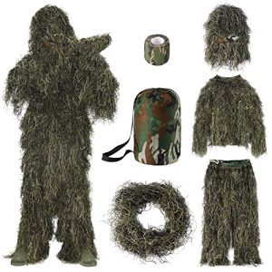 The 6-in-1 ghillie suit, 3D camouflage hunting attire, includes a jacket, pants, hood, carry bag and camo tapes, perfect for men's hunting, military, sniper airsoft, paintball, and Halloween costumes.