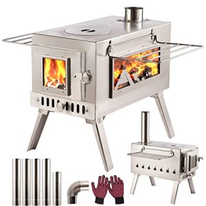 Wood Burning Tent Stove with Large Firebox and Side Windows: Stainless Steel Thermal Stove for Outdoor Cooking and Heating.