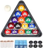 Complete Billiard Pool Balls Accessories Set - Includes Triangle Ball Rack, Cue Chalks, Table Spot Stickers, and Tip Replacements.