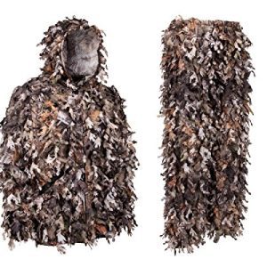  - 3D Leafy Camo Hunting Suit - Camouflage Jacket & Pants - Full Zipper, Zippered Pockets - Breathable and Quiet - Woodland Brown, XXXL