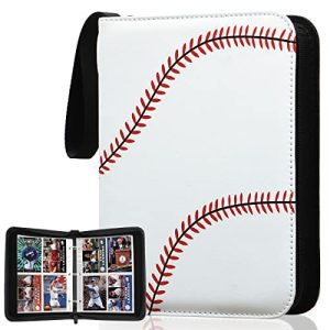 Waterproof Baseball Card Binder with Zipper - Holds 400 Cards in 4 Slots, Ideal for Sports Trading Cards and More (White Stitches).