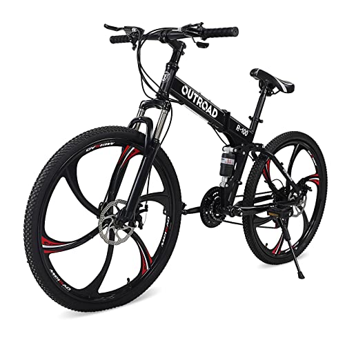 A folding mountain bike for adults, featuring a Shimano 21-speed drivetrain, 26-inch wheels, dual disc brakes, and a high-carbon steel frame. Available in multiple colors for both men and women.