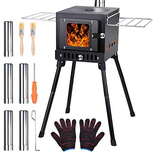 Compact Portable Wood Stove - Wood Burning Hot Tent Stove with Chimney Pipe, Brushes & Gloves - Perfect for Outdoor Cooking, Heating & Ice-Fishing Trips.