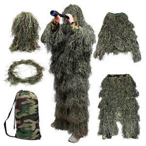Blend into the Wild: 3D Ghillie Suits 5pcs Set - Camo Hunting Apparel, Woodland CS Leaf Camouflage Clothing for Jungle Hunting and Shooting