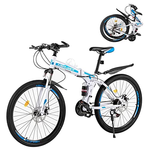 Full Suspension 26-inch Premium Mountain Bike - Lightweight High Carbon Steel Folding Bicycle with 21 Speeds, Front and Rear Disc Brakes for Men and Women.