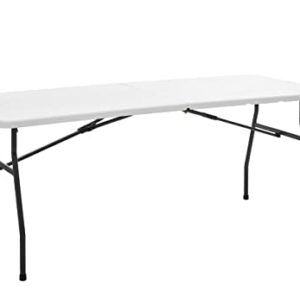 White 6-foot foldable table with curved legs, featuring high-density polyethylene top and powder-coated steel legs, perfect for dining, serving, and various events