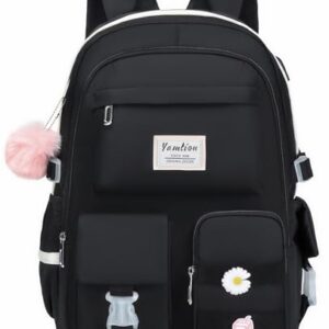 YAMTION 15.6in Laptop School Backpack for Teen Girls in black with USB charging port, multiple compartments, plush ball detail