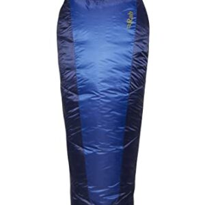 Rab Solar Eco 2 Synthetic Insulated Sleeping Bag in Ascent Blue, showing its eco-friendly recycled fabric and mummy design, perfect for camping and backpacking