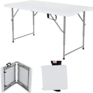 4-Foot Adjustable Folding Table with Carry Handle – White HDPE Surface and Steel Legs, Ideal for Indoor and Outdoor Use