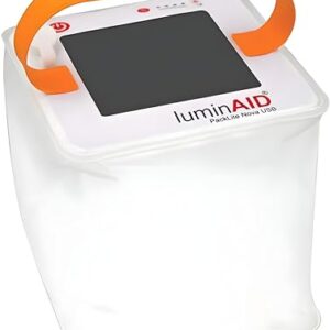 LuminAID Solar Camping Lantern showing its inflatable, collapsible design with solar panel, ideal for camping and emergencies
