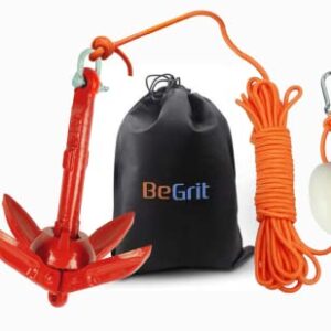 BeGrit 1.5 lb folding kayak anchor with 32.8 ft rope, buoy ball, and storage bag. Ideal for small boats, kayaks, canoes, and paddle boards