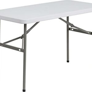 4' Rectangular Folding Event Table in white, featuring a portable and sturdy design with a waterproof tabletop, ideal for both indoor and outdoor events. The table is foldable with locking legs for easy storage and transportation