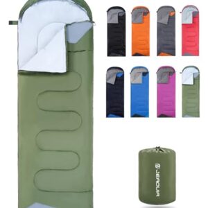 Lightweight waterproof sleeping bag in green, designed for adults and kids, ideal for camping, hiking, and outdoor travel.