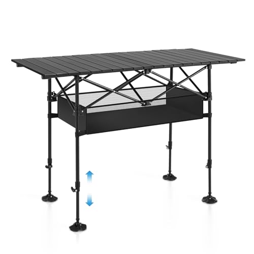 ALPHA CAMP Folding Outdoor Table with adjustable height, large storage basket, and aluminum tabletop, perfect for picnics, barbecues, and camping. Includes carrying bag for easy transport