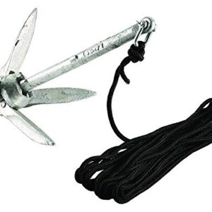 Attwood 3 lb marine grapnel folding anchor with 20-foot MFP rope and mesh storage bag, ideal for small boats and kayaks. Compact design for easy storage and transport.