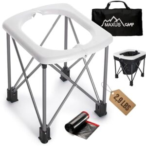 MAXUSCAMP XL Portable Camping Toilet with ultralight aluminum frame, extra-large seat, and foldable design, showcasing its suitability for outdoor use and comfort