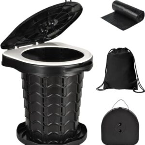 Retractable portable toilet by KPR, featuring adjustable height and foldable design for travel and camping. Includes toilet bags and waterproof carrying bag