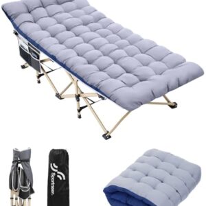Sportneer Portable Camping Cot with Mattress in grey, showcasing its sturdy frame and comfortable padding